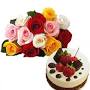 12 mix roses hand bouquet and 1/2 kg cake