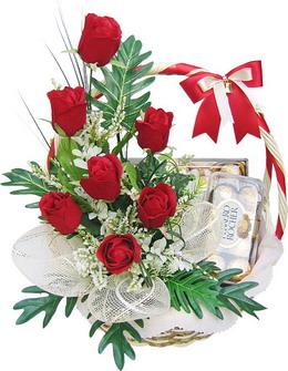 6 Red Roses and 16 Ferrero rocher chocolates in SAME basket