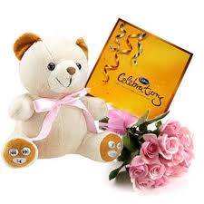 Teddy, Celebration Pack with 12 Pink Roses hand bouquet