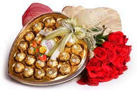 Heart shaped Chocolate box + 12 red roses