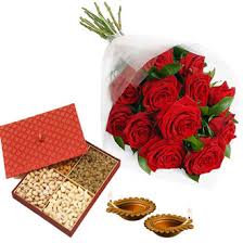 1 kg dry fruit box with 12 roses and 2 diyas
