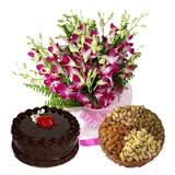 10 orchids bunch, 1/2 kg chocolate cake and 1/2 kg dry fruit