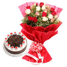 21 mix roses with 1 kg black forest cake For Pune only