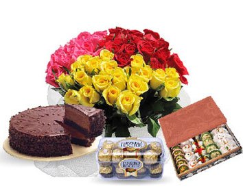 24 flowers, 1 pound cake, 16 pieces chocolates, 1 kg sweets