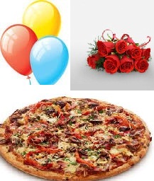 Large Domino Veg Pizza with 8 Red roses Hand tied and 3 air balloons