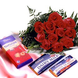 12 red roses bouquet with 3 silk chocolates