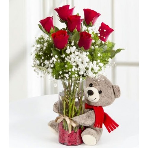 6 inches Teddy 6 Red roses in vase
