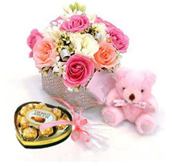 12 Pink roses vase Pink teddy Heart shaped chocolates