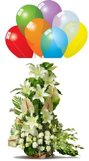 10 air filled Balloons with White carnations roses White gladiolii White lilies basket