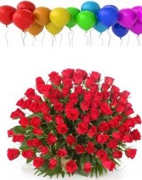 100 air filled Balloons with 100 red roses basket