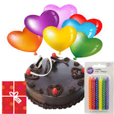 12 air balloons 1/2 kg chocolate cake and candles with card