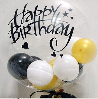 Clear transparent bubble with balloons inserted inside big bobo balloon with letter happy birthday