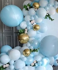 50 Gold white blue air balloons with flowers in between