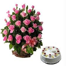 30 Pink roses basket, 1 kg cake