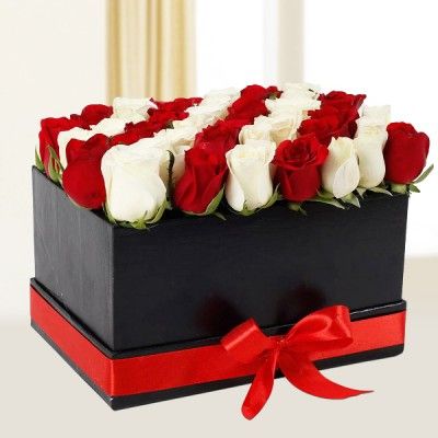 50 Red white roses in rows Ombre in a black box with red ribbons