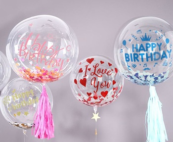 Three Transparent bobo balloons with happy birthday 1 with i love u