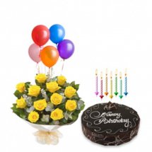 5 Air Filled Balloons with 8 yellow roses bouquet and 1/2 Kg chocolate cake with Packet of Candles