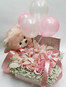 20 Soft Pink Roses 3 White Lily in a Pink Square box with ribbon 4 Pink and white balloons on sticks and Pink Teddy 6 inches