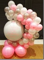 30 white pink silver balloons at bottom and surrounding bobo balloon