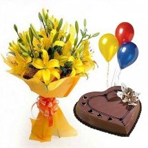3 Air Filled Balloons with 8 Yellow Lili bouquet and 1 Kg chocolate heart cake