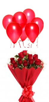6 Air Blown Red Balloons with 12 Red roses