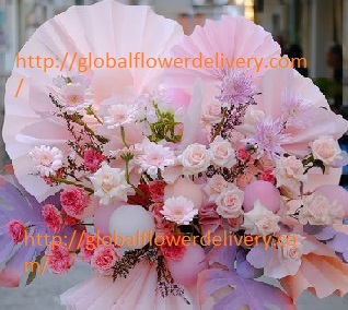 30 Pink Orange Rose  and Carnations basket with pink paper fans and a few balloons