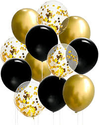 20 Gas filled gold confetti black Balloons tied to ribbons