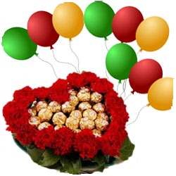 16 Ferrero chocolates in the middle of 20 roses heart with 8 Air Filled Balloon