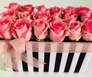 20 Roses in a black and white striped box