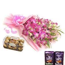 2 bubbly silk chocolates with 10 orchids bunch and 16 Ferrero rocher box