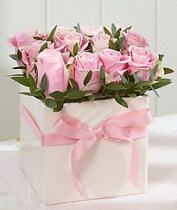 20 Pastel Pink Roses in a white square box with ribbon