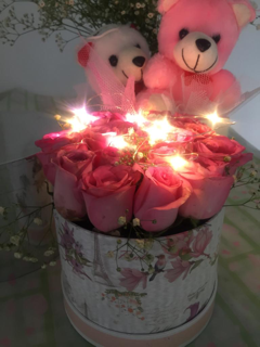 20 Pink Roses in a round Printed box with 2 Teddy bears and led fairy lights