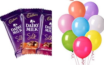 10 air blown balloons with 3 silk chocolate bars