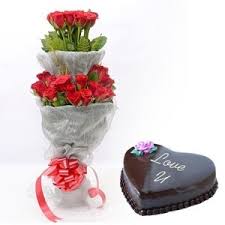 24 double roses hand tied with 1 kg heart cake