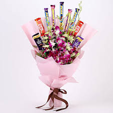 6 Purple Orchids 10 Small Mix Chocolates Bouquet