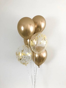 4 Gold balloons and 2 gold confetti air filled balloons