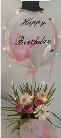 Transparent balloon with hat and flowers with led for birthday or anniversary