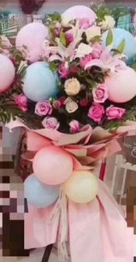 8 pink blue air balloons with 15 gerberas roses carnations flowers and leaves hand bouquet