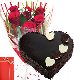 Six red roses with Card and 1 Kg chocolate heart shaped cake