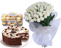 White roses 30 , 16 ferrero rocher, 1 kg cake