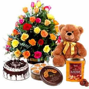 Basket 24 mix roses, 1/2 kg cake, teddy, cookies,