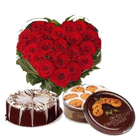 30 red roses heart, 1 kg cake, cookies
