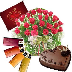 24 red roses basket, 4 temptation chocolates, 1 kg Cake
