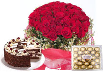 100 red roses , 24 ferrero rocher, 1 kg cake