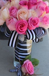 20 pink red Roses wrapped with stripes