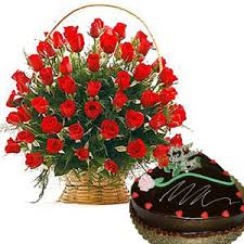 24 red roses basket with 1 kg cake