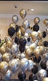 60 helium Gas filled gold confetti black Balloons tied to ribbons