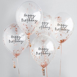 5 transparent balloons all stating happy birthday with confetti