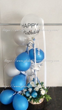 Blue silver balloons arrangement with roses and happy birthday (air filled not gas not foil) balloon