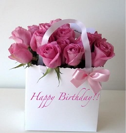 20 Light Pink Roses in a white square box with print Happy Birtrhday with pink ribbon